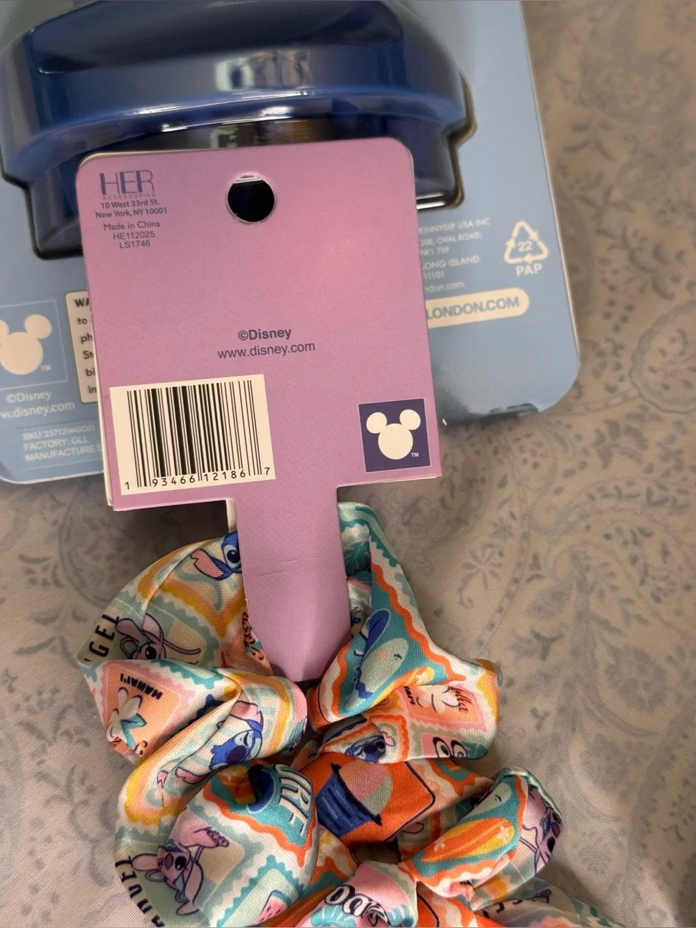 Disney Stitch Scalp Massager, Detangler Brush, and Metal Stich on Satin Scrunch